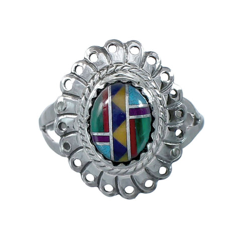 Southwestern Manmade Multicolor Inlay Sterling Silver Ring Size 8 JX130281